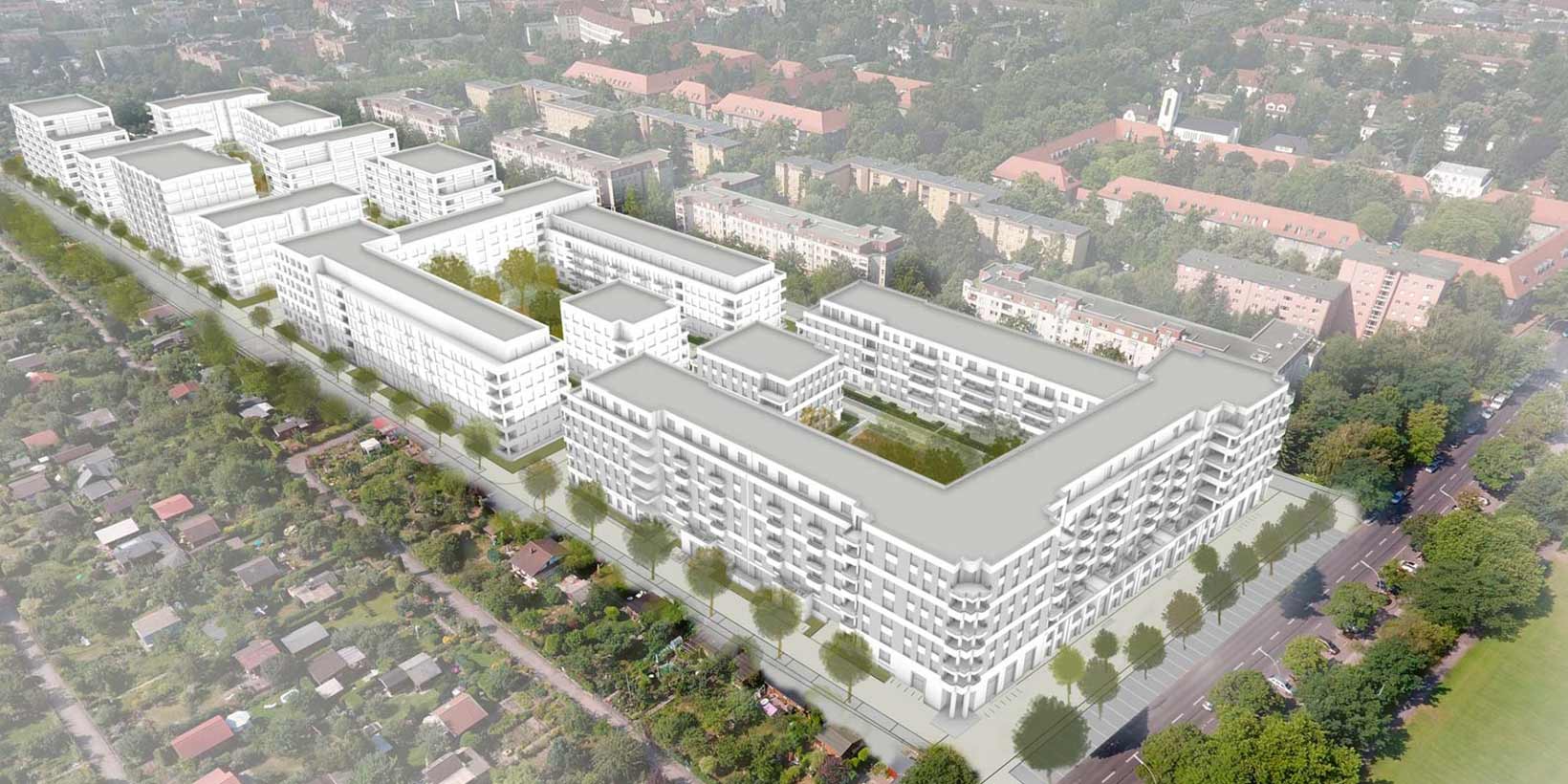 Visualisierung des großen Maximilians-Quartier-Gebäudekomplexes aus der Luft betrachtet