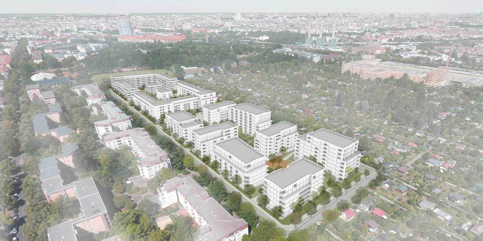 Visualisierung des großen Maximilians-Quartier-Gebäudekomplexes aus der Luft betrachtet