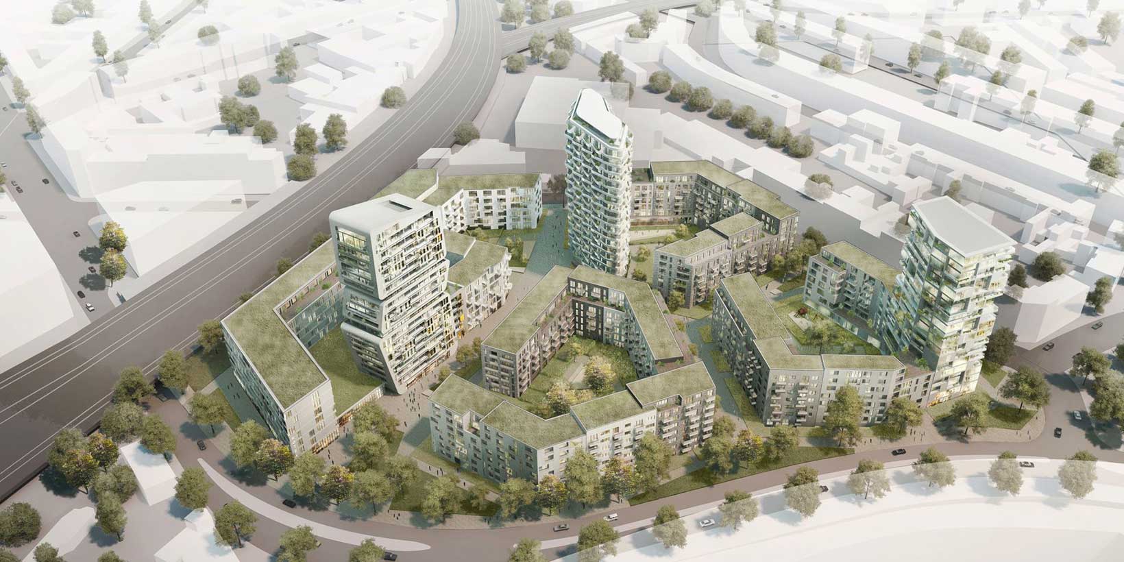 Visualisierung des Grand Central in Düsseldorf aus der Luft betrachtet