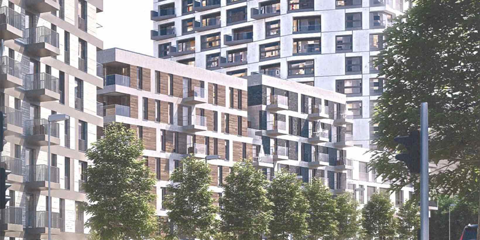 Fassadenansicht des Grand Central in Düsseldorf aus Fußgängerperspektive