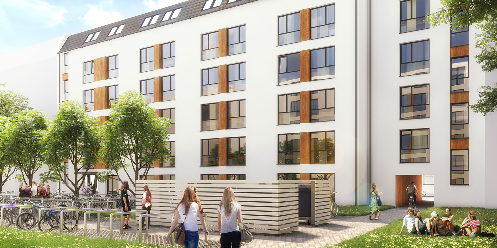 Gartenansicht des Bauprojekts Studentenunterkunft in Berlin